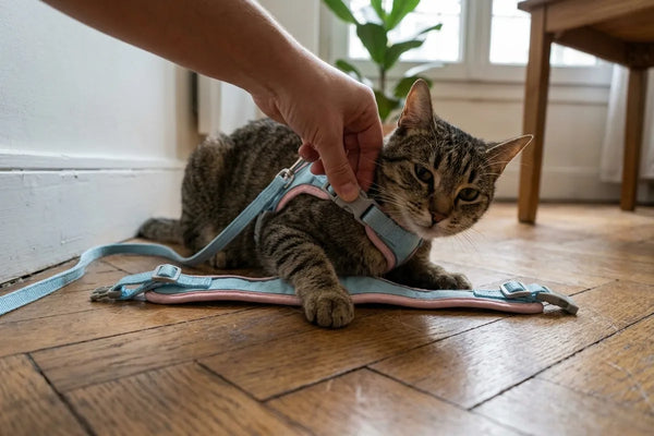 Gatto tenuto al guinzaglio che esplora fuori senza rischio di fuga