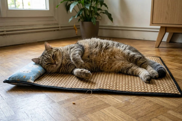 Gatto disteso sul tappetino rinfrescante in piena estate