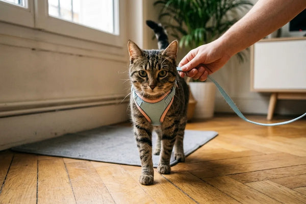Primo piano della pettorina che distribuisce la pressione sul petto del gatto