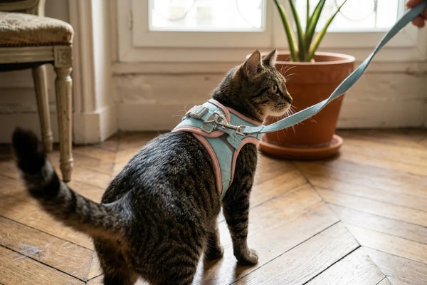 Mani che infilano la pettorina step-in a un gatto in pochi secondi